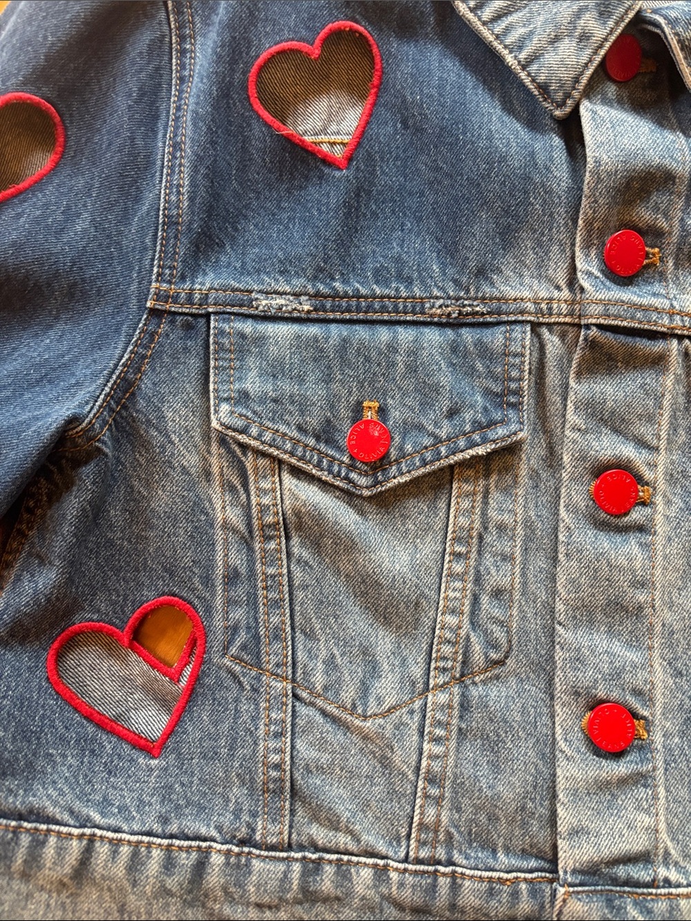 Alice + Olivia Blue Denim Jacket with Red Heart Appliqué Cutouts - Picture 6 of 10